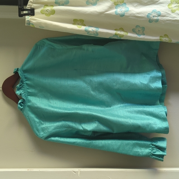 3 Sisters Silk Linen 2 piece Skirt Set Turquoise 14 Mother of the Bride Floral - Picture 8 of 8